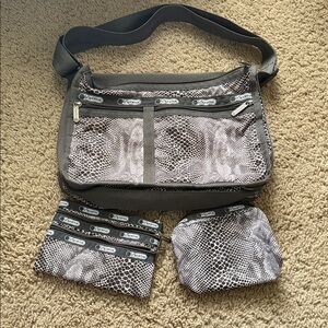 Lesportsac Gray Snake-Print Messenger Bag with Matching Pouches